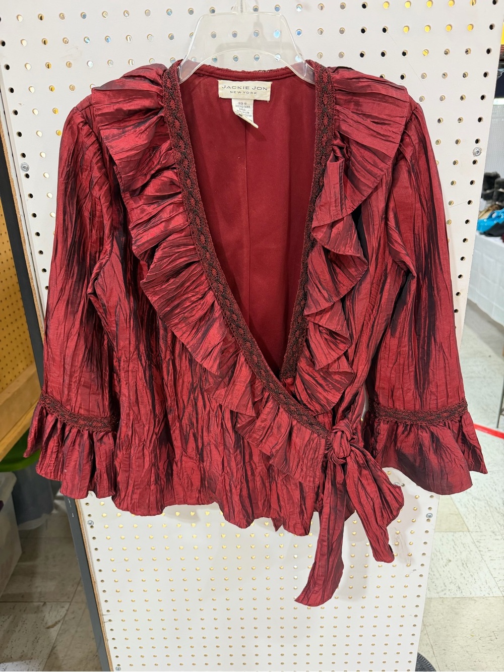 Jackie Jon New York womens blouse wrap wrinkle material red bell sleeves size 10
